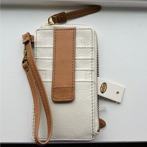 Fossil White and Tan Wristlet Wallet Card Holder, Real Leather, NWT